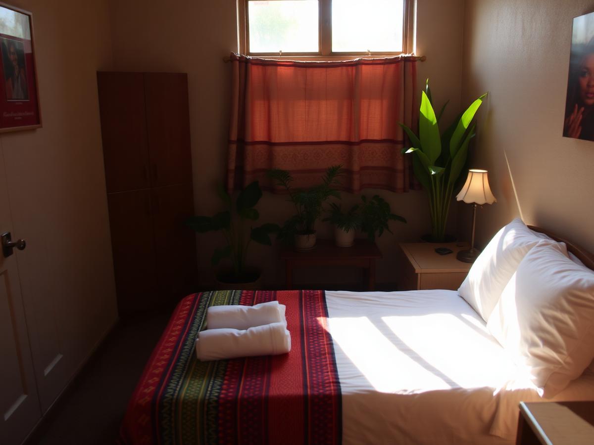 A neat guest room with colourful blankets and morning light