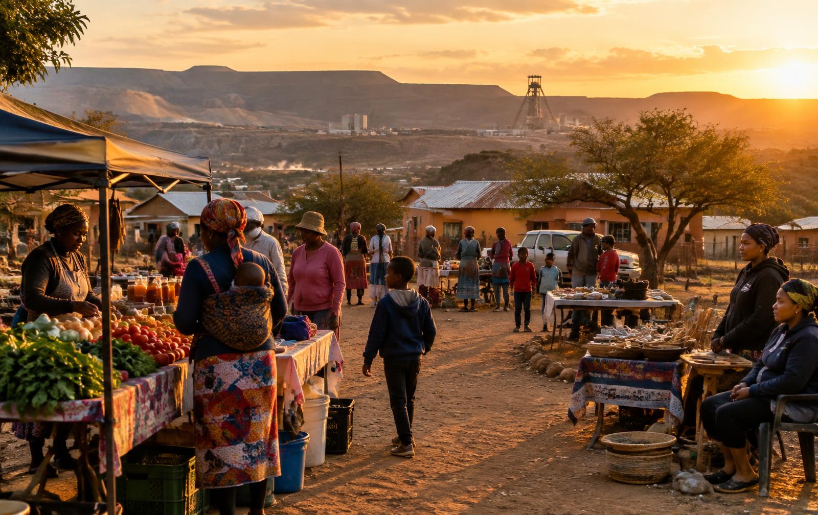 Tsitsing village market with local traders and platinum-belt hills at sunset